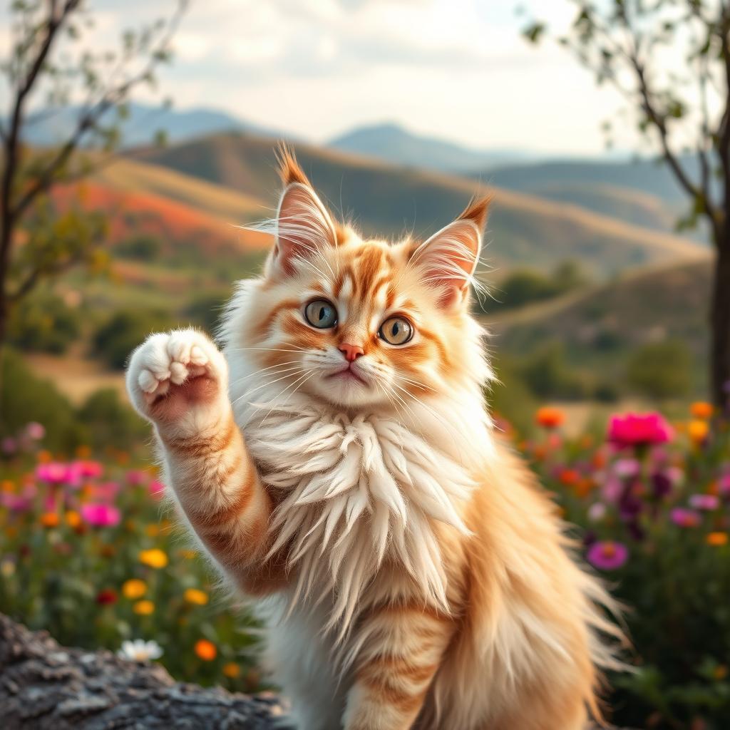 A beautiful and charming cat with a fluffy, luxurious coat, playfully posing and exuding an irresistible charm