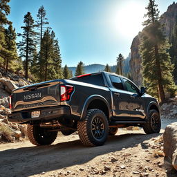 An incredible 2026 Nissan Alaskan pickup truck showcased in an adventurous outdoor setting, parked on a rugged mountain trail