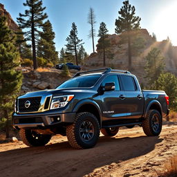 An incredible 2026 Nissan Alaskan pickup truck showcased in an adventurous outdoor setting, parked on a rugged mountain trail