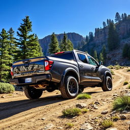 An incredible 2026 Nissan Alaskan pickup truck showcased in an adventurous outdoor setting, parked on a rugged mountain trail