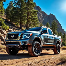 An incredible 2026 Nissan Alaskan pickup truck showcased in an adventurous outdoor setting, parked on a rugged mountain trail