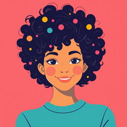 A vector portrait of a curly-haired girl, illustrated in the style of ultra-modern vector graphics