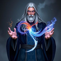 Elder Thalian Starbound, a wise and enigmatic figure of the Twilight Accord, with a tall, slender build and long silvery hair that flows past his shoulders, threaded with faint streaks of starlight