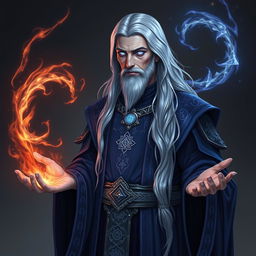 Elder Thalian Starbound, a wise and enigmatic figure of the Twilight Accord, with a tall, slender build and long silvery hair that flows past his shoulders, threaded with faint streaks of starlight