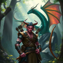 A Tiefling ranger in a mystical forest setting, standing confidently with a bow in hand