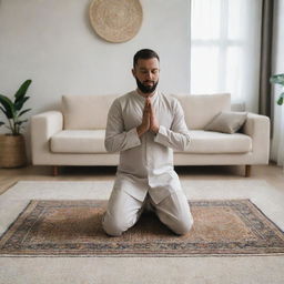 The respectful man, now in a serene living room setting, kneeling on a beautifully woven prayer mat, his hands raised as he prays devoutly to Allah