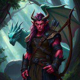 A Tiefling ranger in a mystical forest setting, standing confidently with a bow in hand