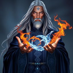 Elder Thalian Starbound, a wise and enigmatic figure of the Twilight Accord, depicted as a tall and slender male with long, flowing silvery hair that extends past his shoulders, adorned with faint streaks of starlight