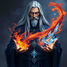 Elder Thalian Starbound, a wise and enigmatic figure of the Twilight Accord, depicted as a tall and slender male with long, flowing silvery hair that extends past his shoulders, adorned with faint streaks of starlight