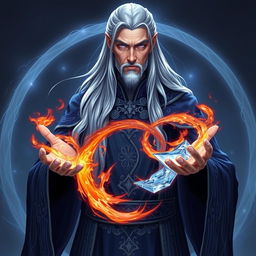 Elder Thalian Starbound, a wise and enigmatic figure of the Twilight Accord, depicted as a tall and slender male with long, flowing silvery hair that extends past his shoulders, adorned with faint streaks of starlight