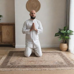 The respectful man, now in a serene living room setting, kneeling on a beautifully woven prayer mat, his hands raised as he prays devoutly to Allah