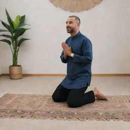 The respectful man, now in a serene living room setting, kneeling on a beautifully woven prayer mat, his hands raised as he prays devoutly to Allah