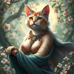 A beautiful cat spirit with large breasts, playfully enticing in an enchanting Central Asian landscape