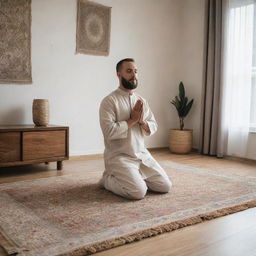 The respectful man, now in a serene living room setting, kneeling on a beautifully woven prayer mat, his hands raised as he prays devoutly to Allah