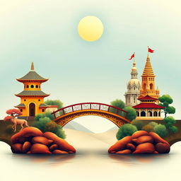 A stunning cover design that symbolizes cultural unity, featuring a centrally located bridge that connects contrasting cultural symbols