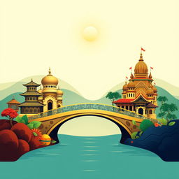A stunning cover design that symbolizes cultural unity, featuring a centrally located bridge that connects contrasting cultural symbols