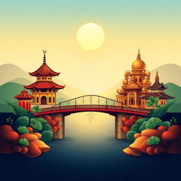 A stunning cover design that symbolizes cultural unity, featuring a centrally located bridge that connects contrasting cultural symbols