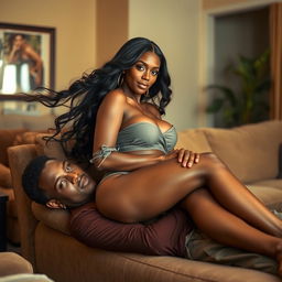 A stunningly beautiful and attractive black woman with long, flowing hair and radiant skin, confidently sitting on a relaxed man who is reclining comfortably