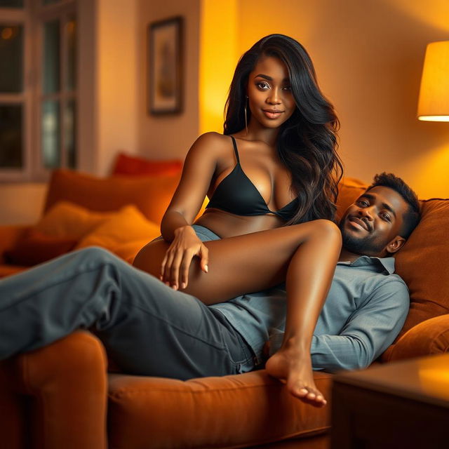 A stunningly beautiful and attractive black woman with long, flowing hair and radiant skin, confidently sitting on a relaxed man who is reclining comfortably