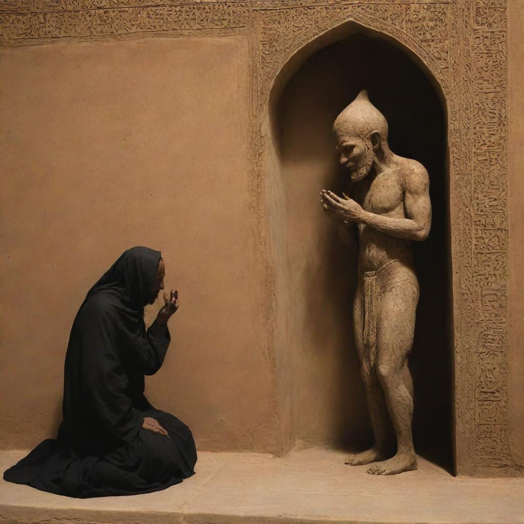 The scene evolves, a shadowy figure embodying evil - a representation of an 'iblis', approaching the praying man, whispering temptations