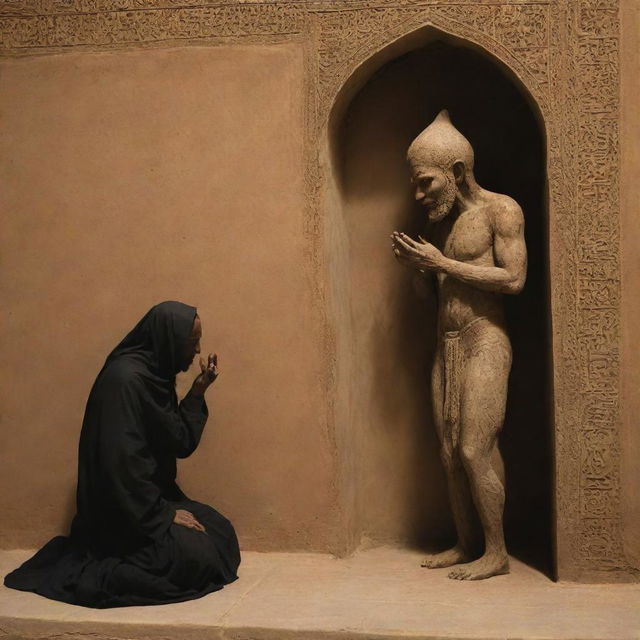 The scene evolves, a shadowy figure embodying evil - a representation of an 'iblis', approaching the praying man, whispering temptations