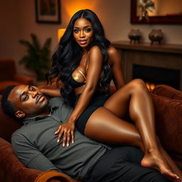 A stunningly beautiful and attractive black woman with long, flowing hair and radiant skin, confidently sitting on a relaxed man who is reclining comfortably