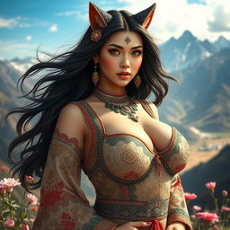 A beautiful woman with large breasts resembling a cat spirit, embodying seduction and allure, set in a Central Asian landscape