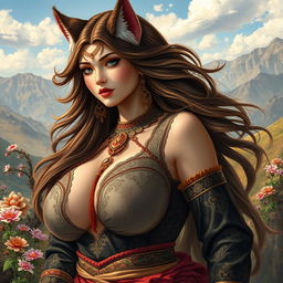 A beautiful woman with large breasts resembling a cat spirit, embodying seduction and allure, set in a Central Asian landscape