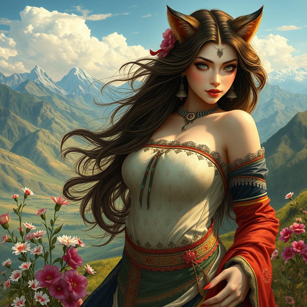 A beautiful woman with large breasts resembling a cat spirit, embodying seduction and allure, set in a Central Asian landscape