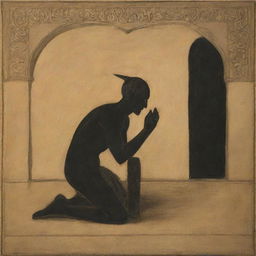 The scene evolves, a shadowy figure embodying evil - a representation of an 'iblis', approaching the praying man, whispering temptations