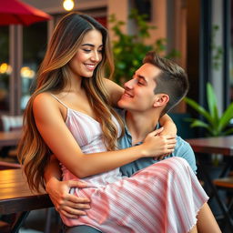 A very beautiful, confident young woman sitting playfully on her boyfriend's lap