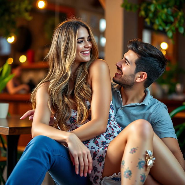 A very beautiful, confident young woman sitting playfully on her boyfriend's lap