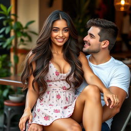 A very beautiful, confident young woman sitting playfully on her boyfriend's lap