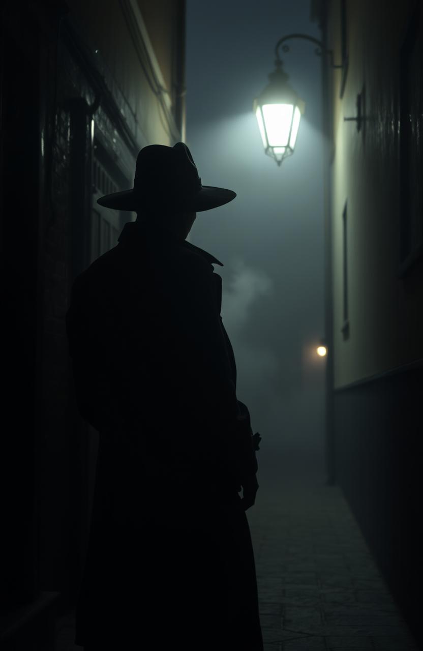 A haunting and atmospheric scene set in a dimly lit, foggy alleyway, captured at night