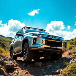 A Mitsubishi Pajero Dakar, commanding attention on a challenging off-road path, highlighting its robust and muscular design