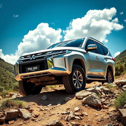 A Mitsubishi Pajero Dakar, commanding attention on a challenging off-road path, highlighting its robust and muscular design