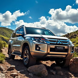 A Mitsubishi Pajero Dakar, commanding attention on a challenging off-road path, highlighting its robust and muscular design