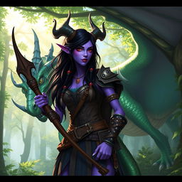 A female tiefling ranger with vibrant violet skin, long dark hair adorned with feathers and beads, wearing studded leather armor