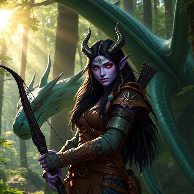 A female tiefling ranger with vibrant violet skin, long dark hair adorned with feathers and beads, wearing studded leather armor