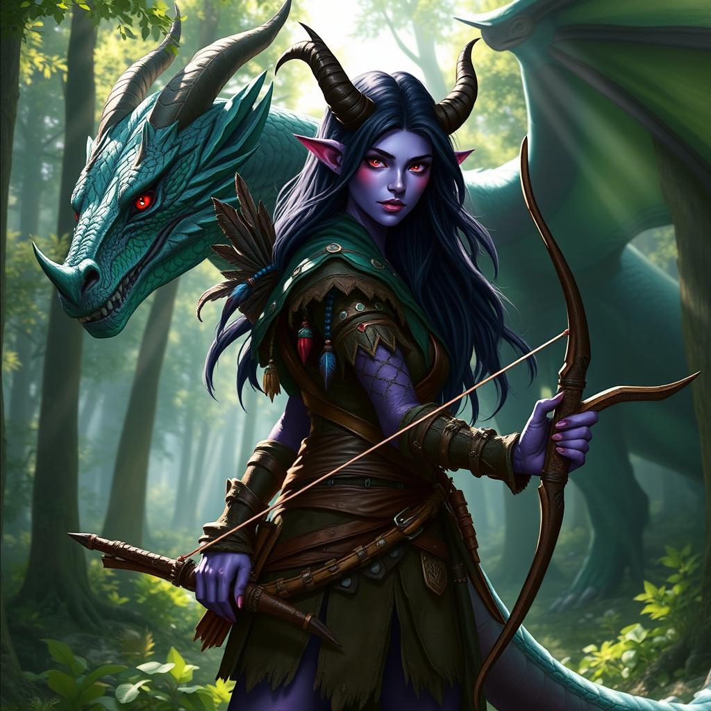 A female tiefling ranger with vibrant violet skin, long dark hair adorned with feathers and beads, wearing studded leather armor