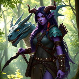 A female tiefling ranger with vibrant violet skin, long dark hair adorned with feathers and beads, wearing studded leather armor