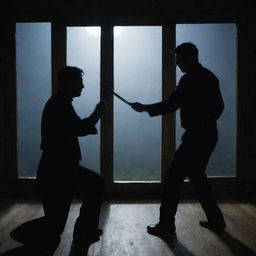 The scene escalates further - the man now engaged in an intense knife duel with another man, illuminated only by the eerie moonlight filtering through a window, reflecting off the glinting, whirling blades