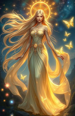 A majestic fantasy goddess standing gracefully in an ethereal landscape