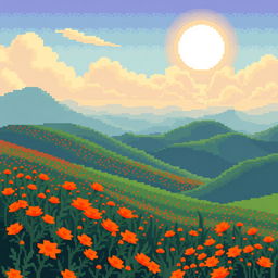 A stunning and unusual landscape depicted in a pixel art style, primarily featuring warm shades of orange throughout the scene