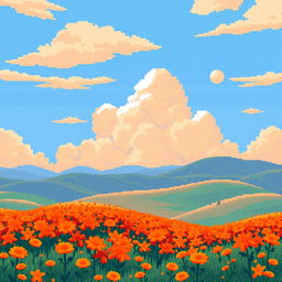 A stunning and unusual landscape depicted in a pixel art style, primarily featuring warm shades of orange throughout the scene