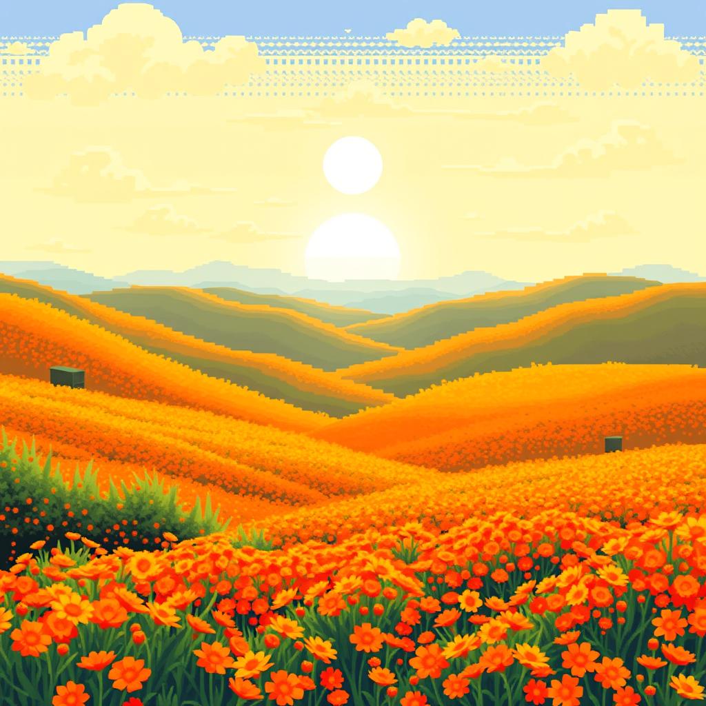 A stunning and unusual landscape depicted in a pixel art style, primarily featuring warm shades of orange throughout the scene