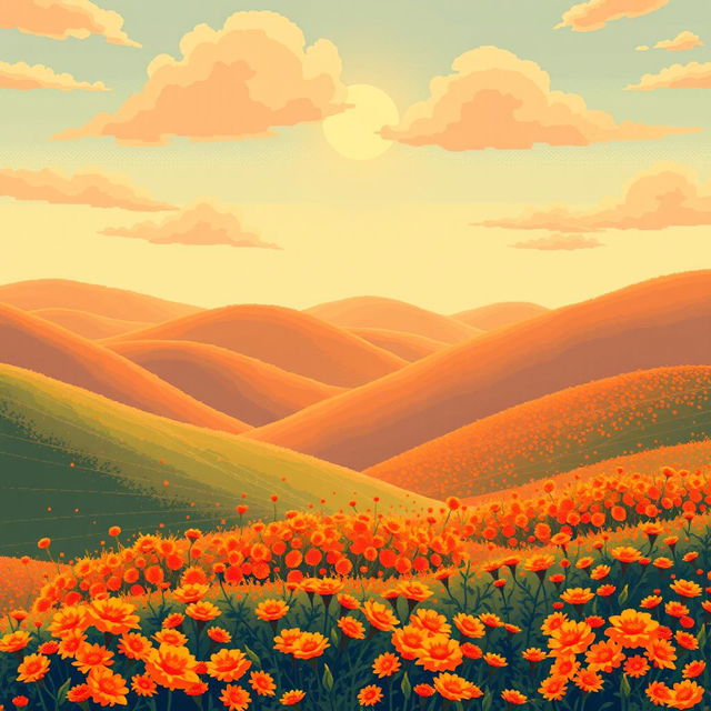 A stunning and unusual landscape depicted in a pixel art style, primarily featuring warm shades of orange throughout the scene