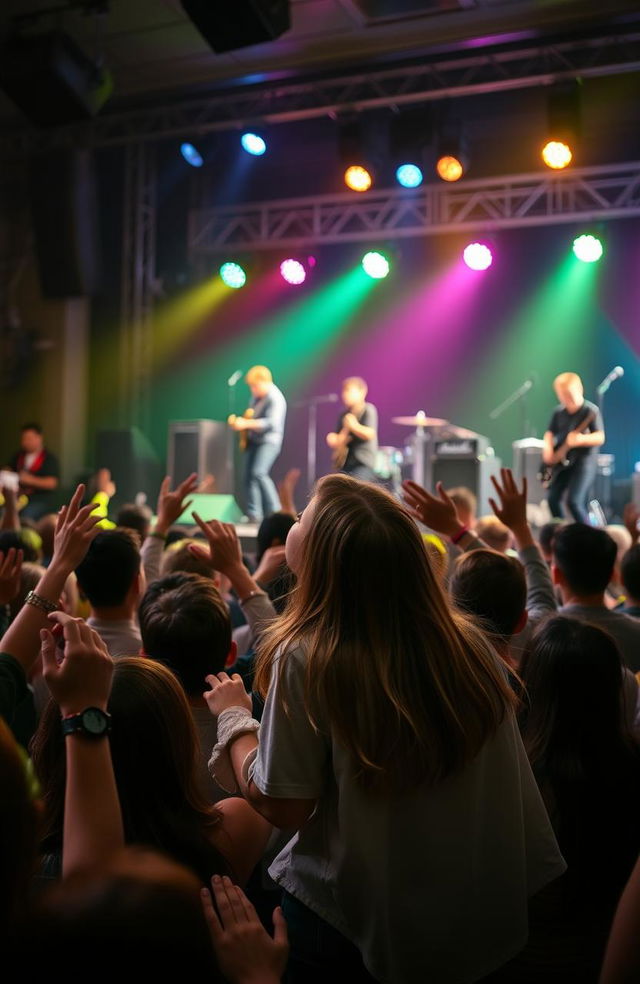 A young boy confidently performing on a stage with a full band behind him, engaging the crowd in a lively atmosphere