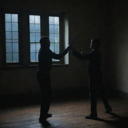 The scene escalates further - the man now engaged in an intense knife duel with another man, illuminated only by the eerie moonlight filtering through a window, reflecting off the glinting, whirling blades