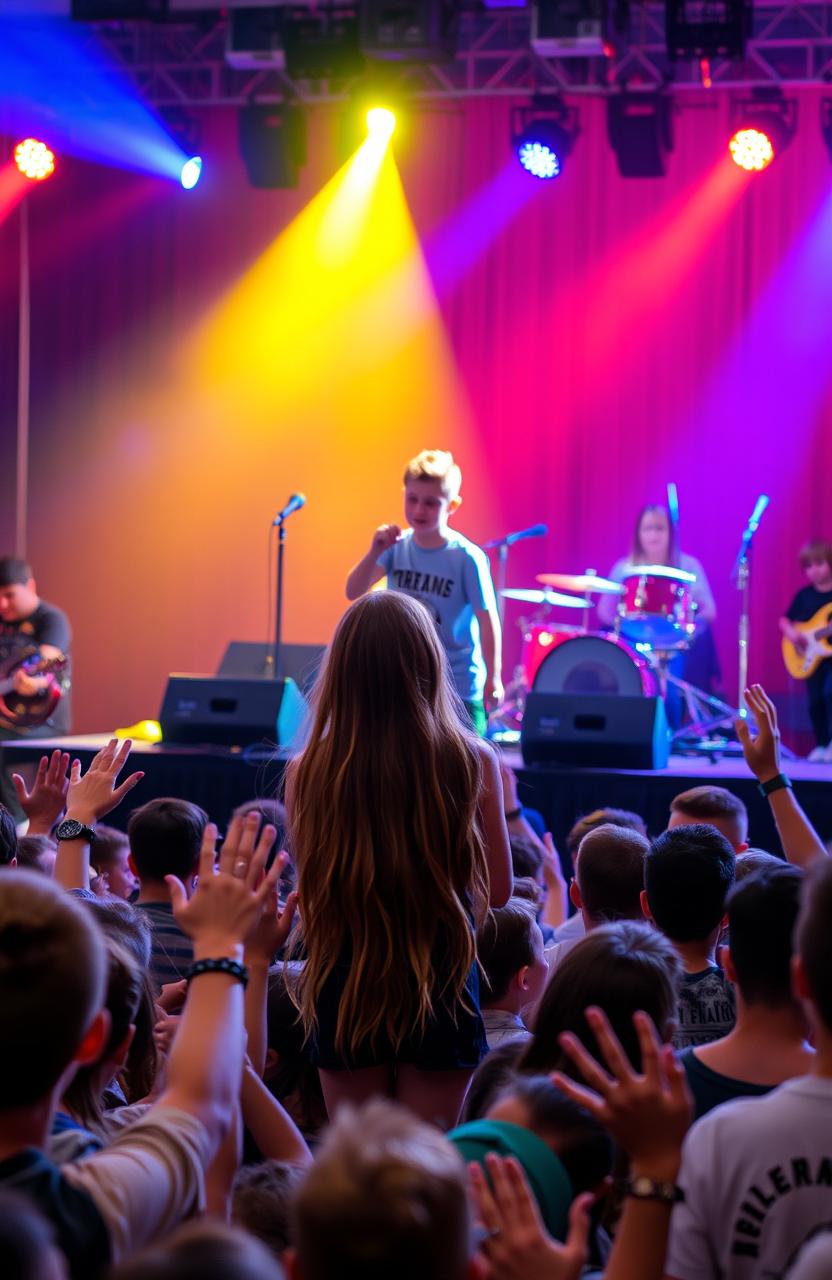 A young boy confidently performing on a stage with a full band behind him, engaging the crowd in a lively atmosphere